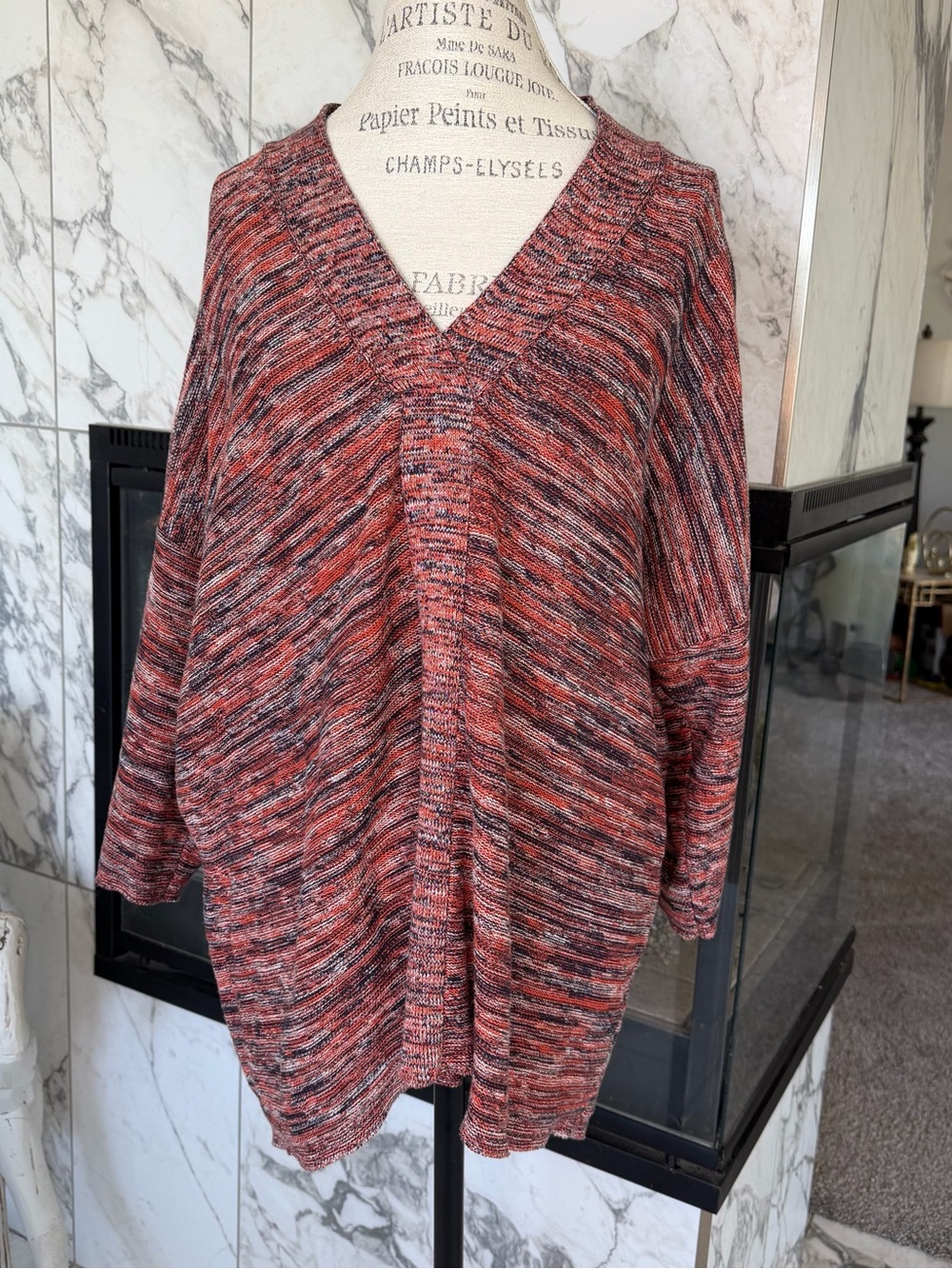 J. Jill Marled V-Neck Open Cardigan in Red and Black Mix